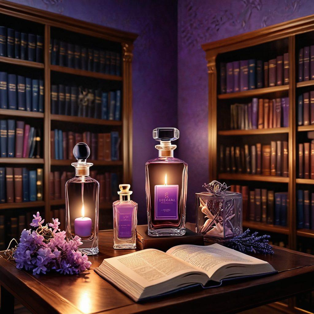 A captivating scene of an elegant, dimly lit library filled with shelves of books on romance and fragrance. In the foreground, an alluring bottle of exotic perfume lies next to an open book with sensual illustrations. Wisps of fragrant lavender and jasmine intertwine in the air, creating an inviting atmosphere. Include soft, warm lighting that casts playful shadows, enhancing the romantic ambiance. digital painting. vibrant colors. soft glow.
