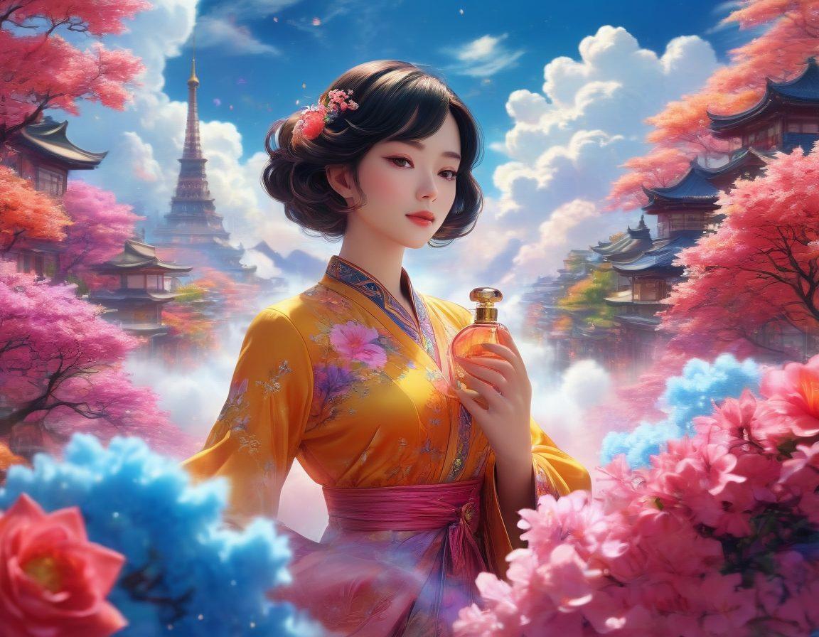 A mesmerizing anime character surrounded by swirling clouds of colorful fragrances, enticing and seductive in pose. Background features soft focus images of iconic adult anime scenes, with vibrant floral and fruity notes enhancing the atmosphere. Include elegant bottles of perfume with intricate designs, casting reflections. Create a dreamy, atmospheric vibe with a glowing aura. surreal, vibrant colors, soft focus.