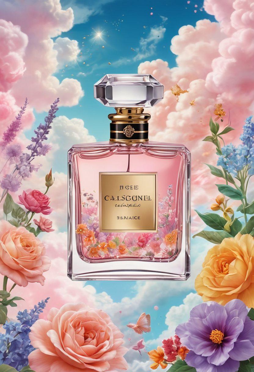 A whimsical collage featuring a variety of perfume bottles surrounded by dreamy, ethereal elements like swirling clouds and soft pastel colors. Incorporate iconic anime characters interacting joyfully with these fragrances, showcasing their influences in adult media. The background should be a vibrant blend of abstract patterns and floral motifs, emphasizing the enchanting allure of scents. Include sparkling sparkles to enhance the magical atmosphere. vibrant colors. surreal art.